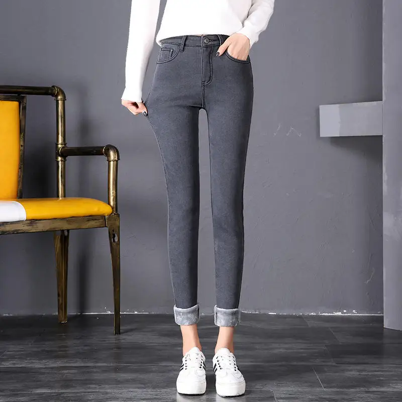 Grey jeans Винтажные джинсы с высокой талией женские теплые толстые плюс бархатные джинсы брюки стрейч тонкие зимние узкие брюки джинсы для мам Q1948 - Цвет: Grey jeans