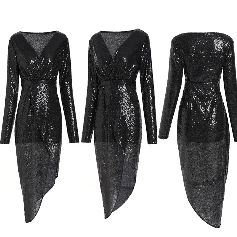 

2020 retro deep v-neck sexy female dress split sequin glowing ladies dress