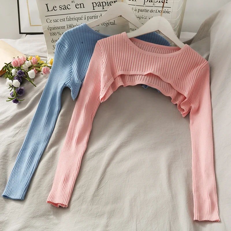 

Spring Fall 2021Knitted O-neck Women Short Design Crop Tops Sweaters Long Sleeve Pullover Female Shawl
