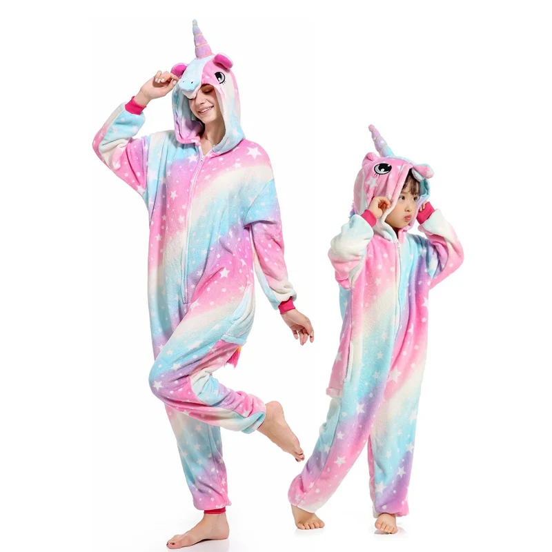Kigurumi/пижамы с единорогом для взрослых и детей Одинаковая одежда семьи