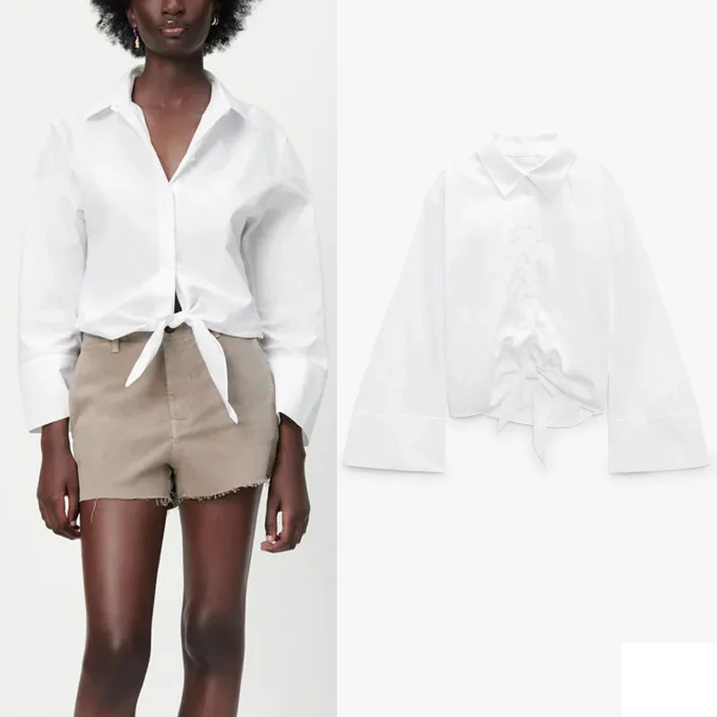 

Женская винтажная рубашка с завязкой на воротнике, длинным рукавом и лацканами