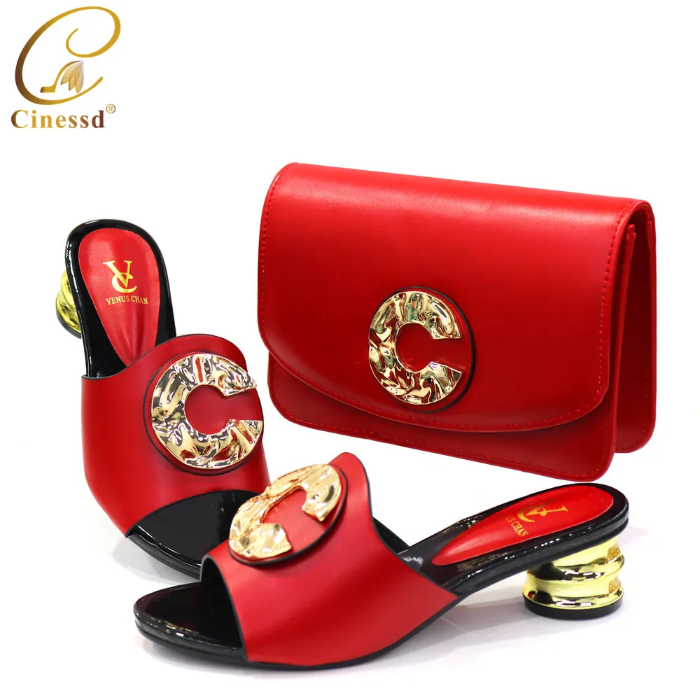 

2021 Red Autumn Special Design African Ladies Shoes and Bag to Match with Shinning Crystal Women Slipper for Wedding