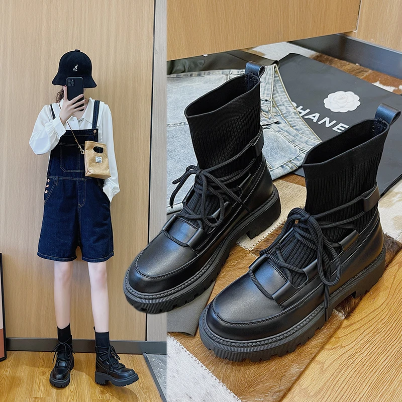 spesifikasi Sepatu Bot Musim Gugur Wanita Kaus Kaki Kain Lentur Kasual Wanita Pop Bagus Sepatu Bot Platform Sepatu Wanita Diikat Silang Mode