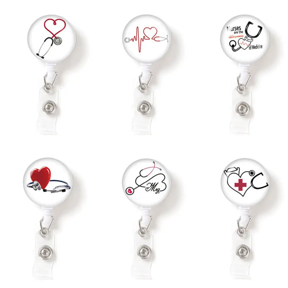 

1 Pcs Quality Retractable Nurse Badge Reel Clip Cute Love Heart Stethoscope Doctor Student IC ID Card Badge Holder