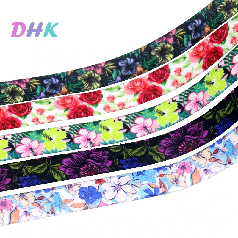 

DHK 5/8'' 50yards Flower Printed Fold Elastic FOE Stretch Ribbon Hairbow Headwear Headband DIY OEM S1562