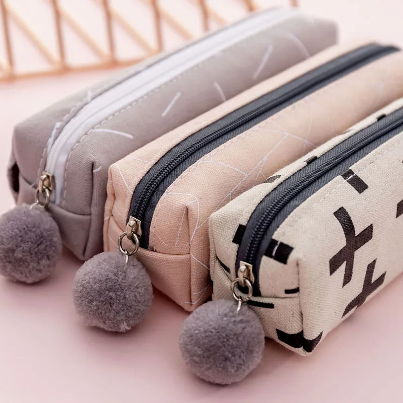 

Plush Ball Pencil Case for Girls Cute Canvas Cosmetic Bag Pen Bag Stationery Pouch Box Kids Gift Office Supplies