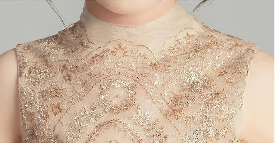Golden Sequin Lace Girl Wedding Dress Long Flower Girl Dress Princess Party First Communion Gown Baby Girl Baptism Pageant Gown