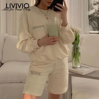100 cotton solid round neck pullovers sweatshirts and short two pieces sets women spring suits sweatpants jogger tracksuits loo