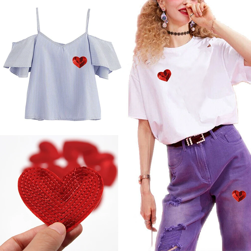 Нашивки с блестками Железный на красном сердце любовь Аппликация DIY Швейные