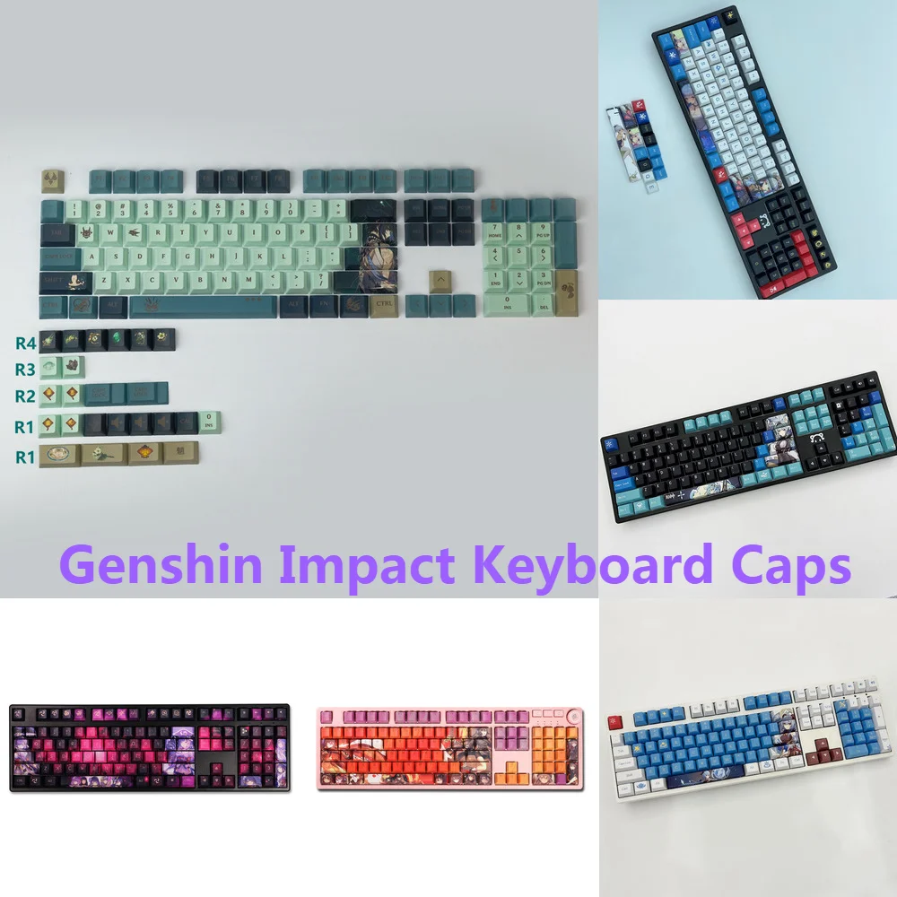 Genshin-Tapas de teclado de impacto, cubierta de teclado PBT, Xiao Hutao Klee, mec&aacute;nica, silenciosa, con luz trasera inal&aacute;mbrica-0
