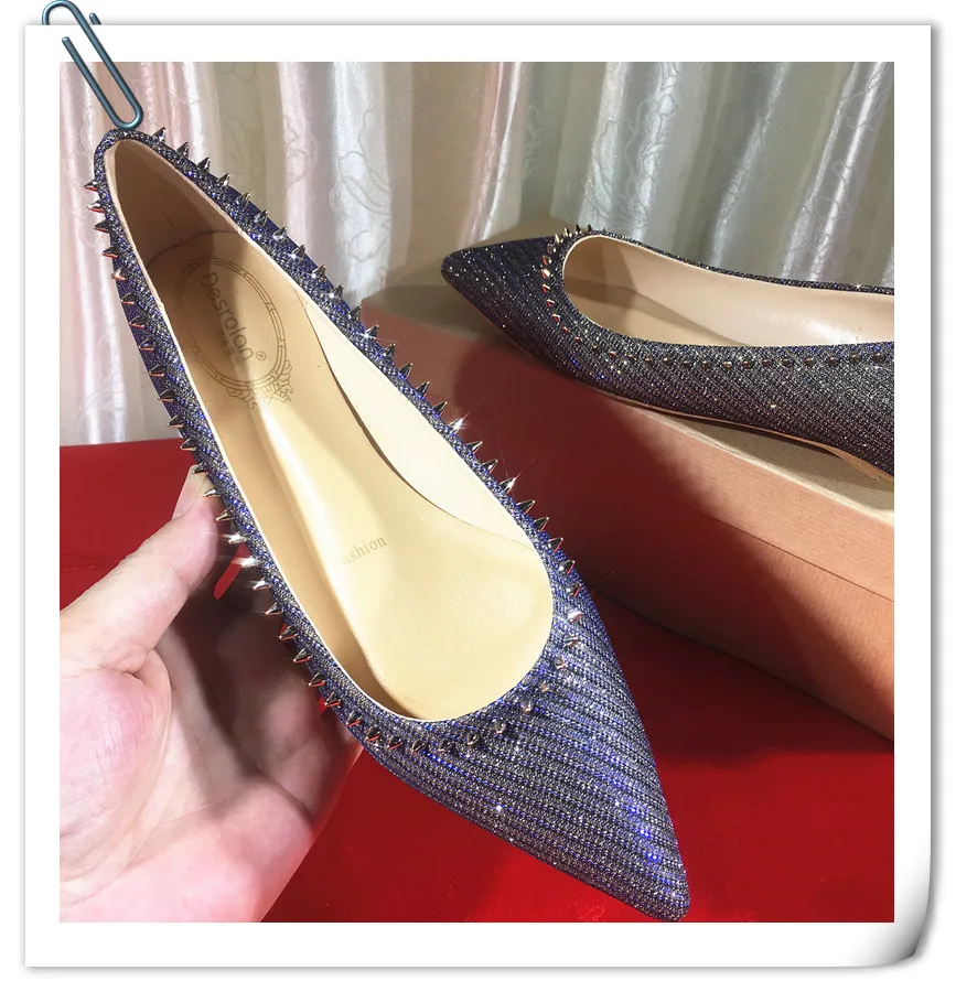 New Flat Bottom Rivet Pointed Single Shoes With Flat Heel And Raised Shallow Mouth Sequin Willow Nail Pointed Shoes