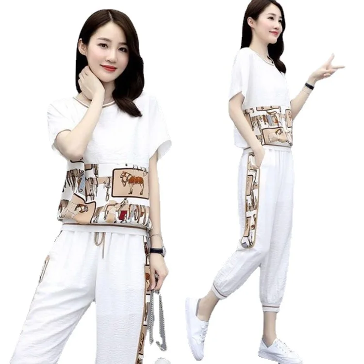 

WANYUCL 2021 summer fashion suit female two-piece summer dress female thin print top casual nine-point pants female