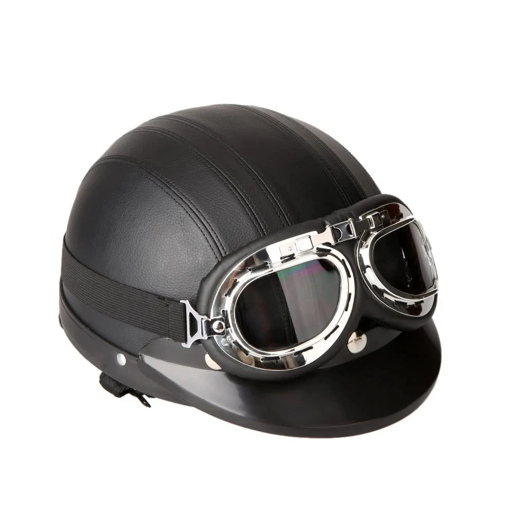 

Motorcycle Open Face Half Helmet, Universal Motorcycle Scooter Synthetic Leather Open Face Half Helmet & Visor UV Goggles