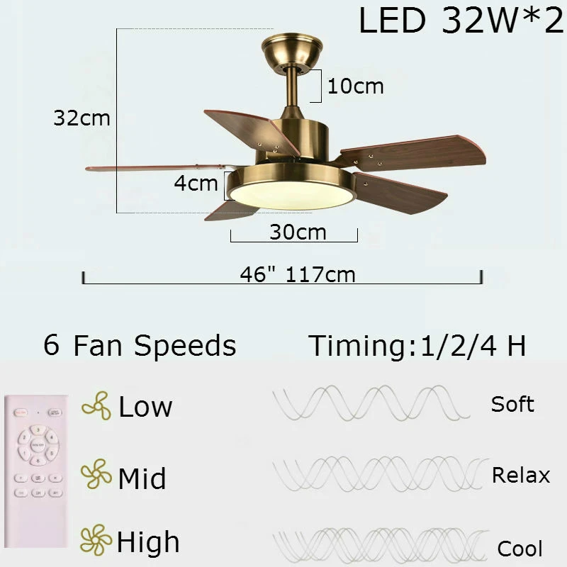 

46 Inch Ceiling Fan Lamp for Low Floor Storey Remote Control Plywood Blade 64W LED 6 Speeds Conversion DC Motor Reverse Function