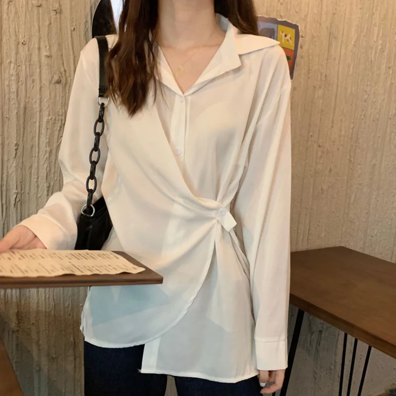 

Spring Loose Bottoming Shirt Thin Women Autumn Long Sleeve Solid Color Loose Transparent Blouses