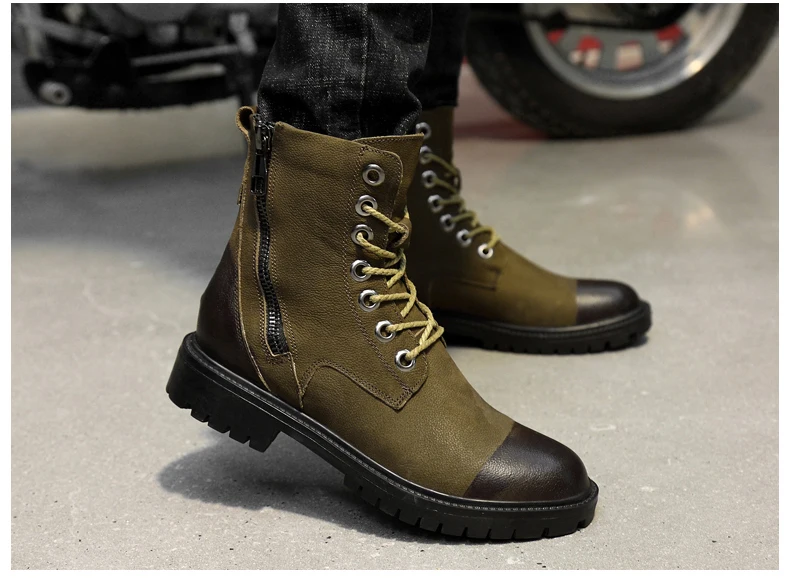 Модная обувь; коллекция года; Botas Invierno Hombre; высокие мотоциклетные ботинки цвета хаки; мужские зимние ботинки на меху черного цвета; мужские ботинки на молнии сбоку; 37-47