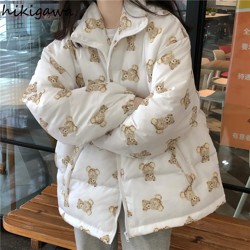 

Зимняя женская одежда Hikigawa 2021, милая куртка с медведем, Толстая теплая Женская парка в Корейском стиле, пальто для женщин