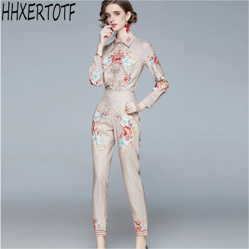 

2021 spring High Quality Runway Set Women Fashion Print Long Sleeve Short Jacket + pants Two piece sets