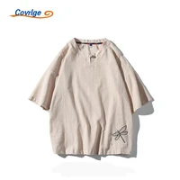 covrlge new mens t shirt daily chinese style cotton linen casual youth plate button loose large size raglan sleeves top mts690