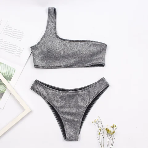 Women Sexy Bikini Set Biquini Ladies One Shoulder Blingbling Swimsuit  Female Two Piece Glitter Solid Color SwimwearW2023