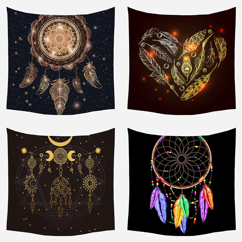 

Dreamcatcher Print Tapestry Indian style Pumo Feathers Polyester Mandala Wall Hanging Witchcraft Bohemian Decor Mystery