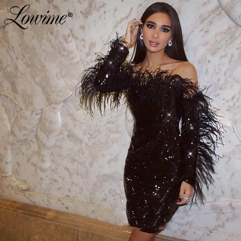 

Dubai Short Prom Dresses Sheath Long Sleeves Black Sequins Sexy Robe De Soiree 2020 Evening Party Gown Custom Made Feather Dress
