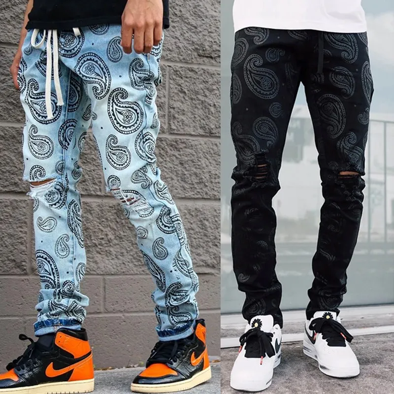 

Мужские узкие джинсы, модные жаккардовые рваные брюки из денима, эластичные повседневные брюки-карандаш в стиле хип-хоп, уличная одежда, нов...