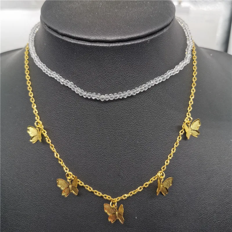 Двухслойное ожерелье чокер с бабочками и стеклянными бусинами для женщин