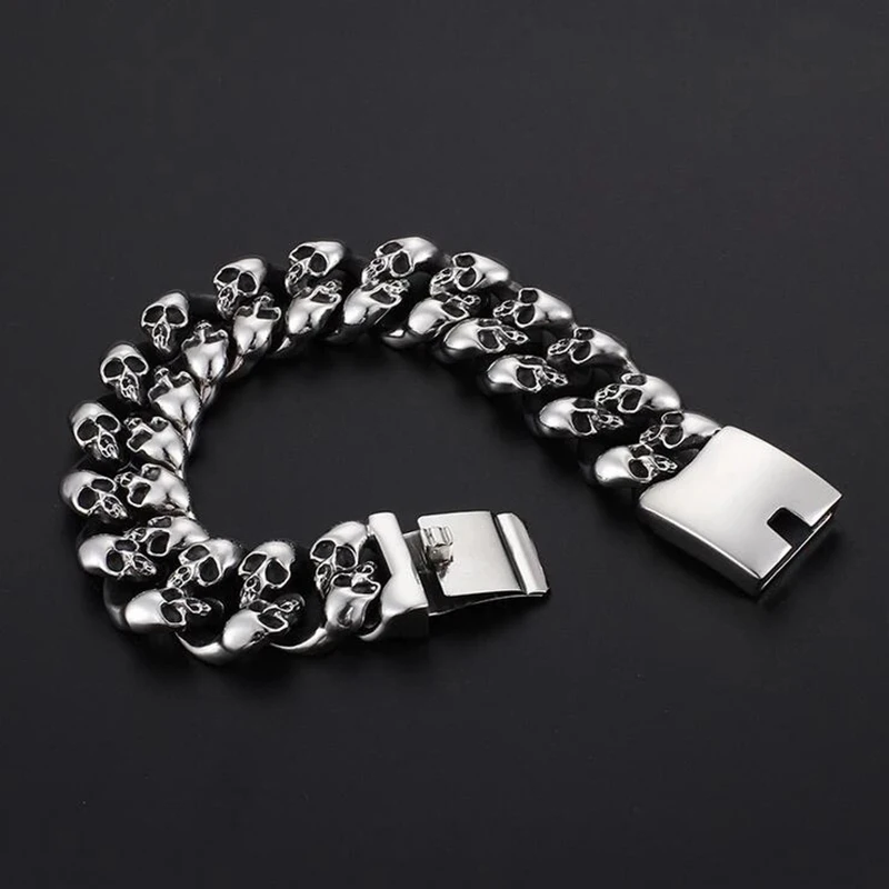 Punk Rock Mens Women Biker Skull Bracelets &amp Bangles Hiphop Vintage 19MM Heavy Stainless Steel Curb Cuban Chain Bracelet Jewelry |