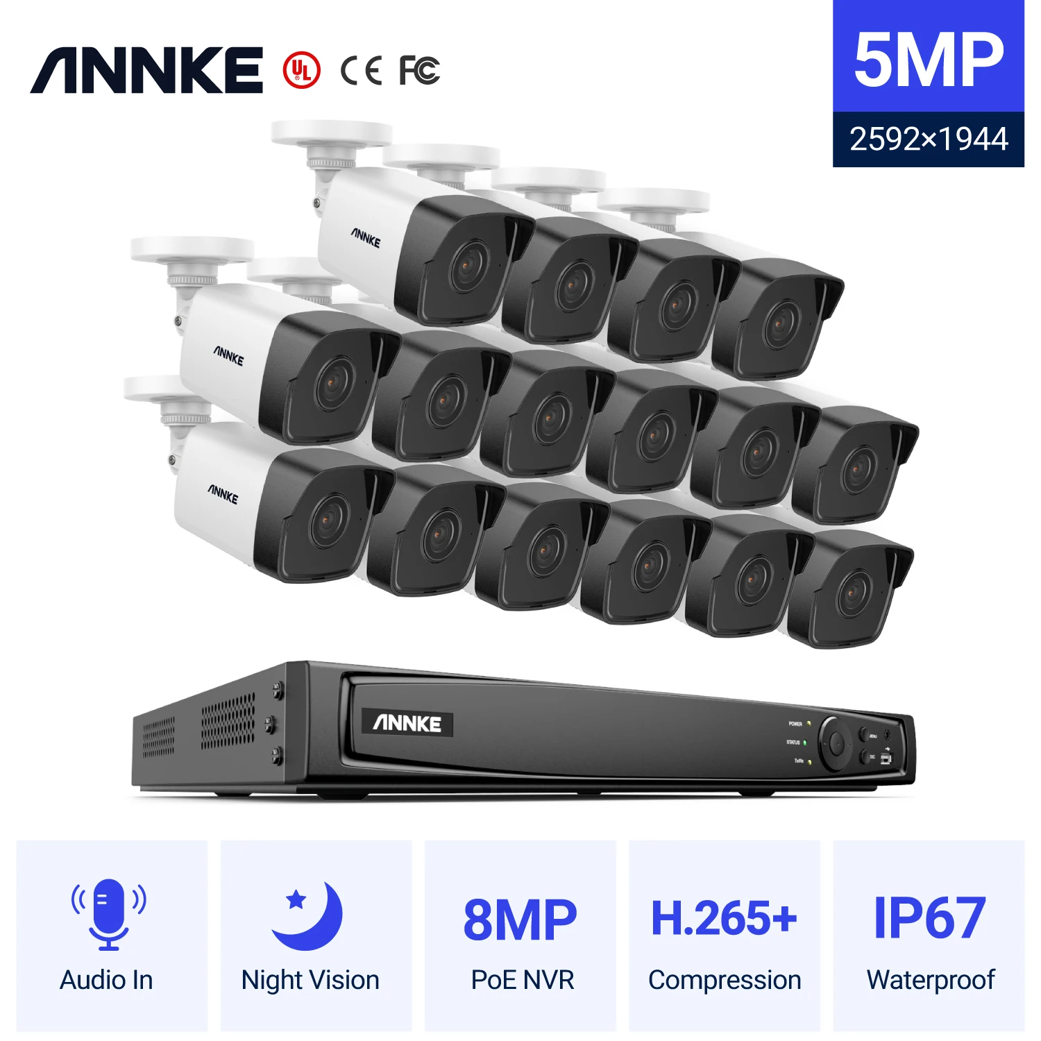 

ANNKE 16CH FHD 5MP POE Video Security System H.265+ 8MP NVR 4K Recorder With 16X 5MP Surveillance POE Cameras Ip Camera Audio in