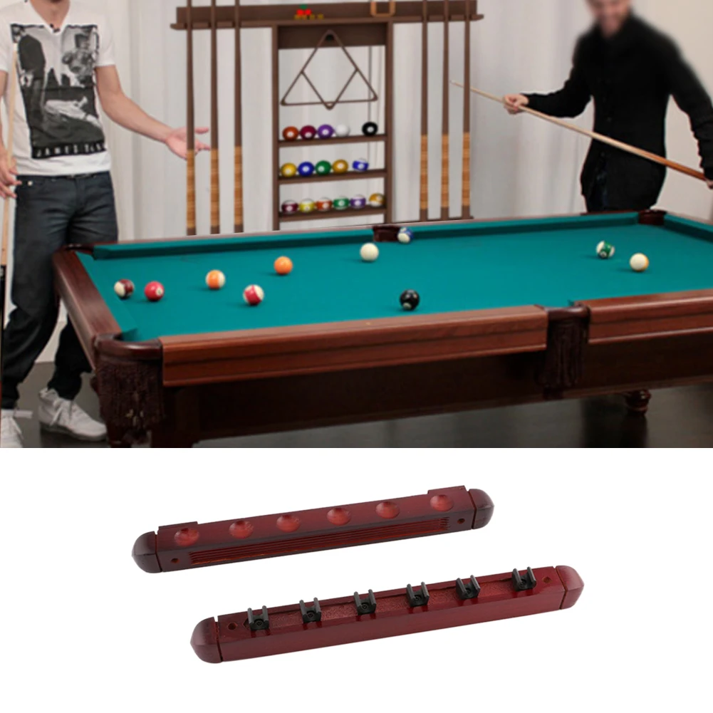 

Space Saving Billiard Cue Rack With Clips Wall Mount Stained Wood Carrier Durable Accessories 6 Pool Professional Stick Holder