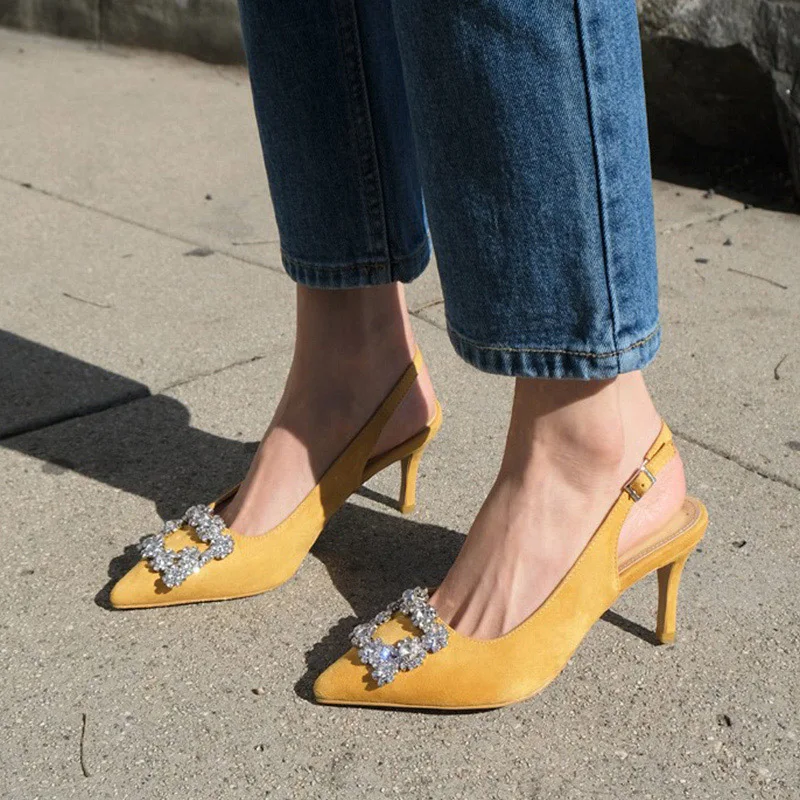

Женские повседневные сандалии стразы 2020, Женские однотонные туфли на высоком каблуке с острым носком и ремешком на пятке, женская обувь на т...