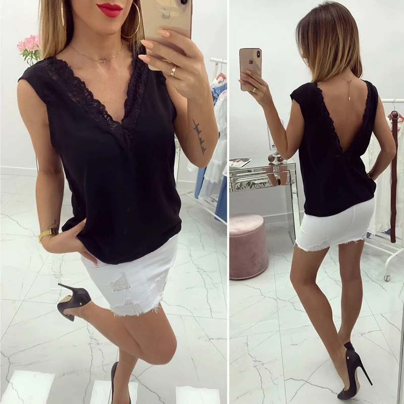 Лоскутные кружевные сексуальные женские топы с v образным вырезом без рукавов