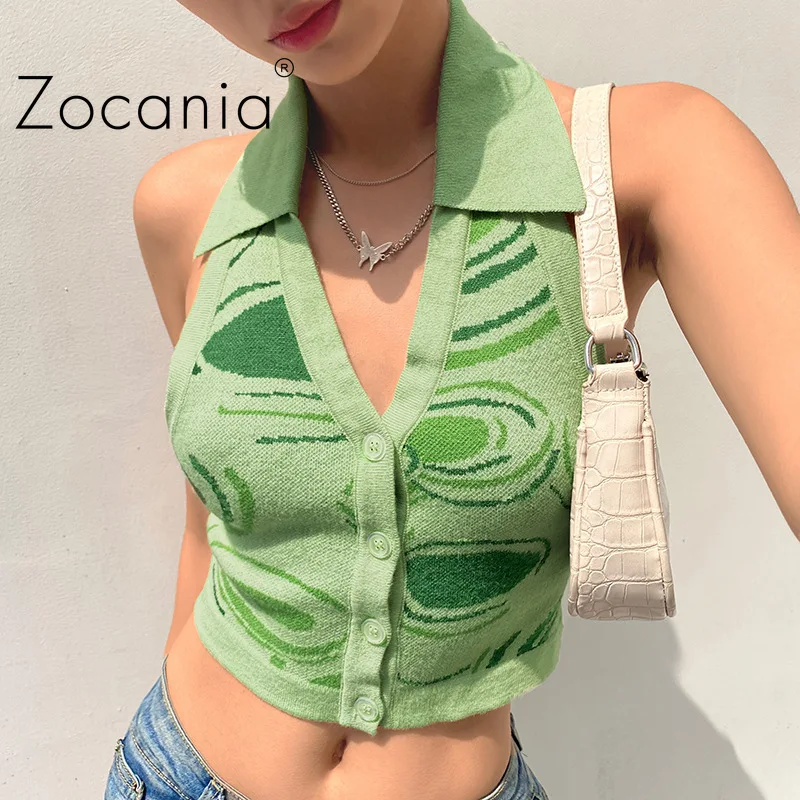 

Fashion Crop Tops Women Sexy Backless Tank Tops Short High Street Wear Summer Halter Knitted Women Clothes V-neck Vest Blouse