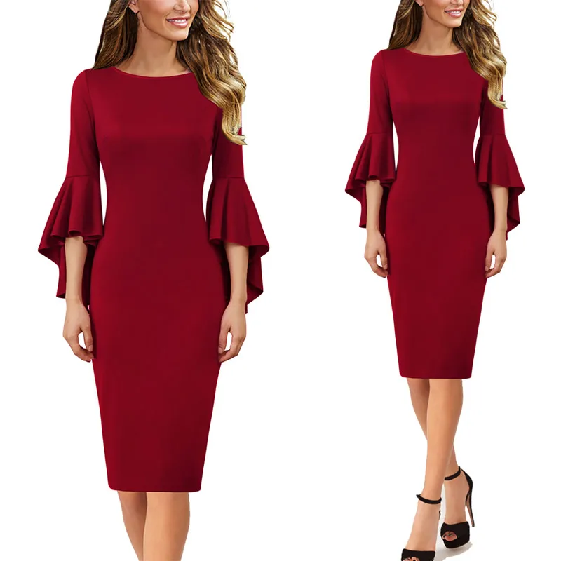 Dark Red 2 Vfemage женское осеннее Элегантное Длинное расклешенное модное винтажное вечернее коктейльное облегающее платье-футляр с расклешенными рукавами 1703 - Цвет: Dark Red 2