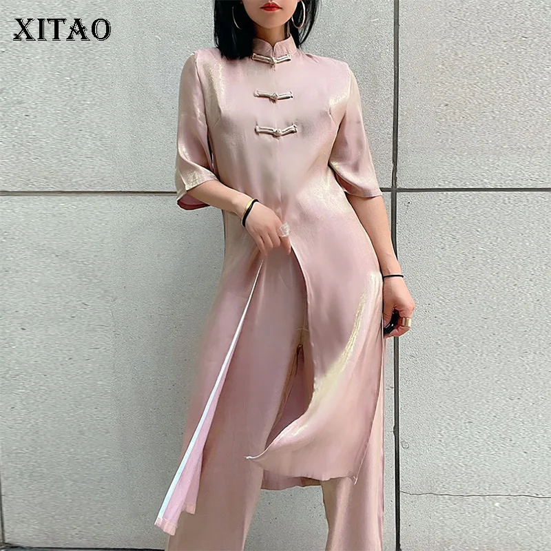 

XITAO, женский модный новый комплект из двух предметов, Раздельный однотонный топ с эластичной резинкой на талии, длинные штаны, лето 2021, стиль ...