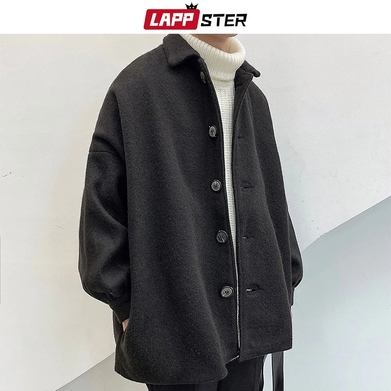 LAPPSTER, мужские корейские шерстяные куртки Харадзюку, пальто, мужская уличная куртка-бомбер, Мужская хип-хоп свободная зимняя ветровка на пуговицах