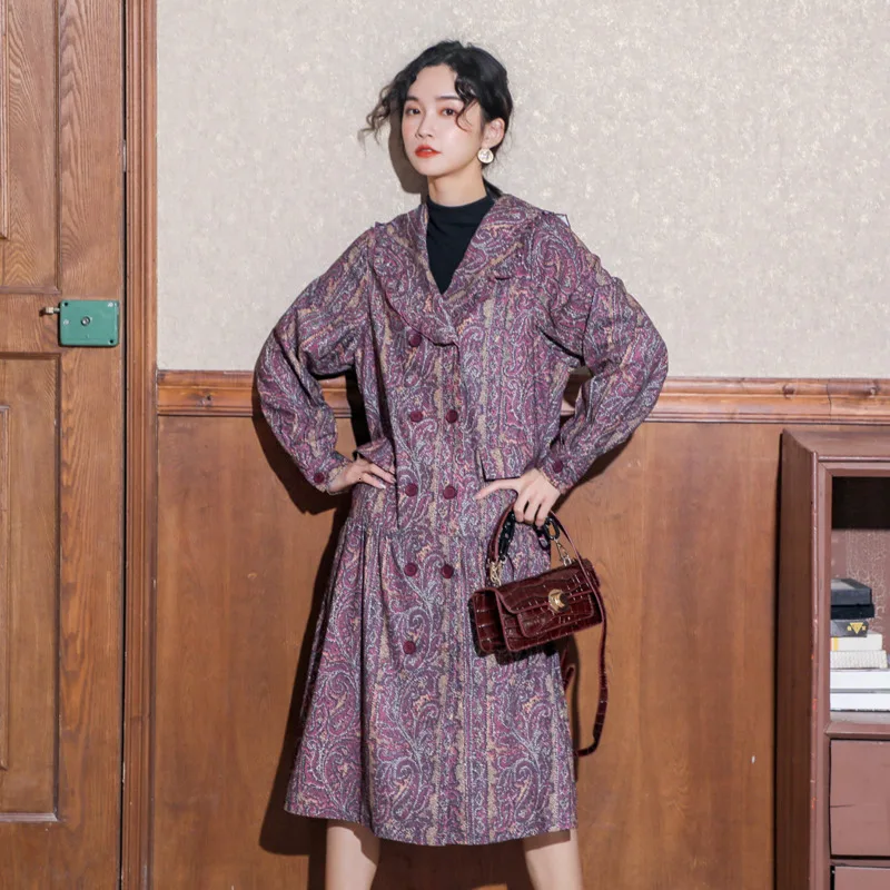 LANMREM 2020 цветочное тонкое платье с длинными рукавами женское двубортное темно