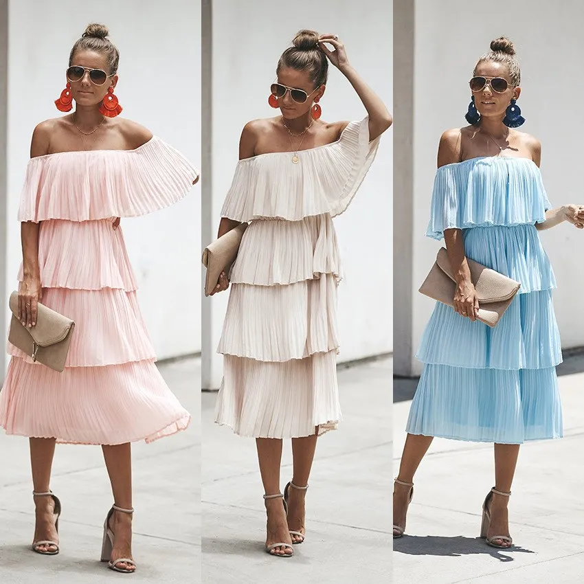 Женское свободное платье-торт Boho летнее пляжное платье миди с открытыми плечами