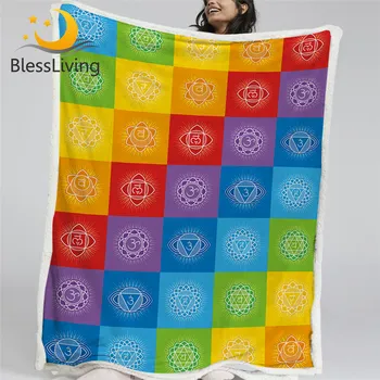 BlessLiving Chakra Throw Blanket Rainbow Colorful Linen Blanket Energy Bedding Grids Yoga Meditation Plush Blanket couverture 1