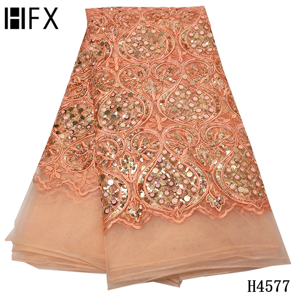 

HFX African blue Lace 2021 French Nigerian Lace Fabric Bridal High Quality african tulle Lace With Sequins for party dress H4577