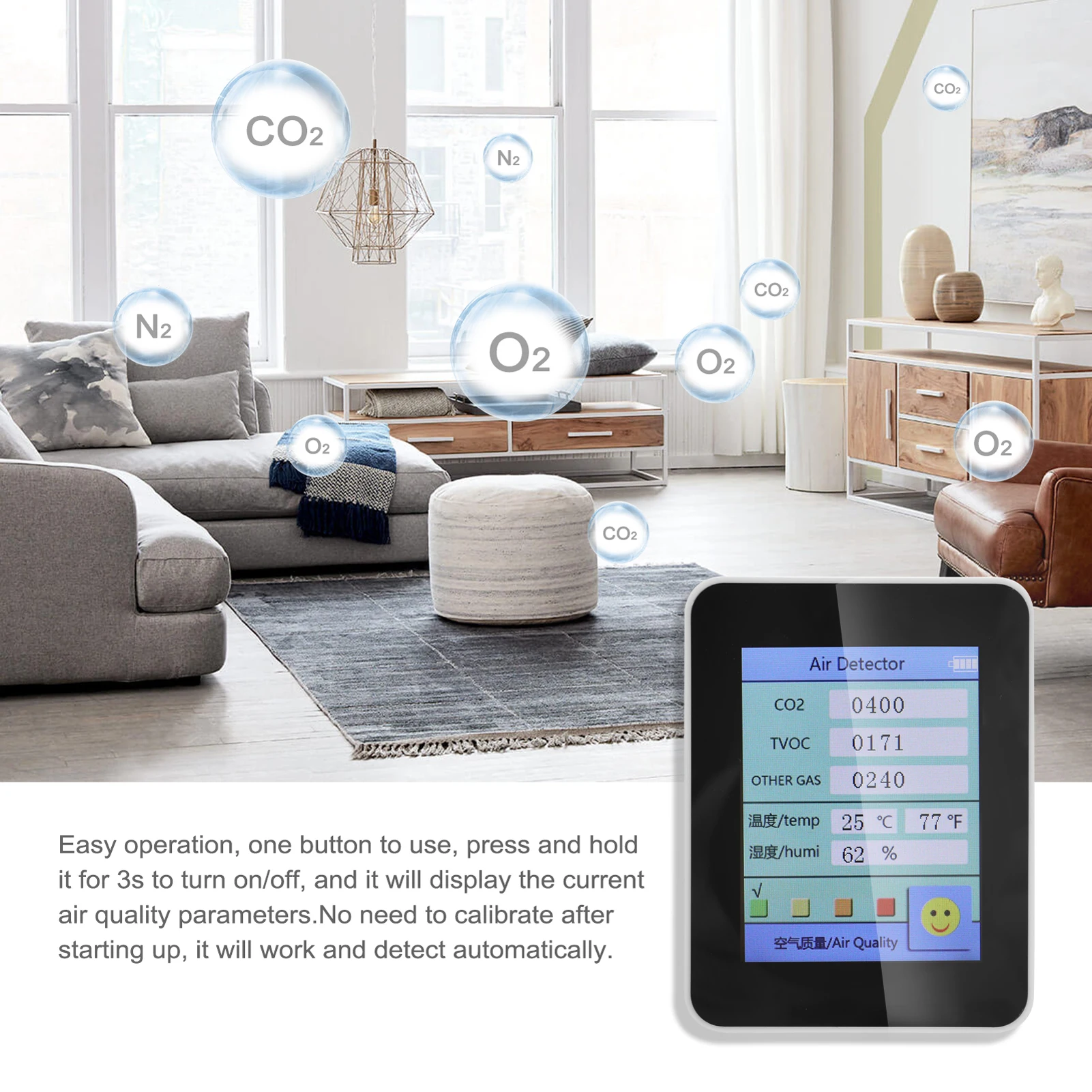 

Household Air Quality Monitor CO2 Meter Tester with Carbon Dioxide TVOC Value Electricity Quantity Temperature Humidity Display