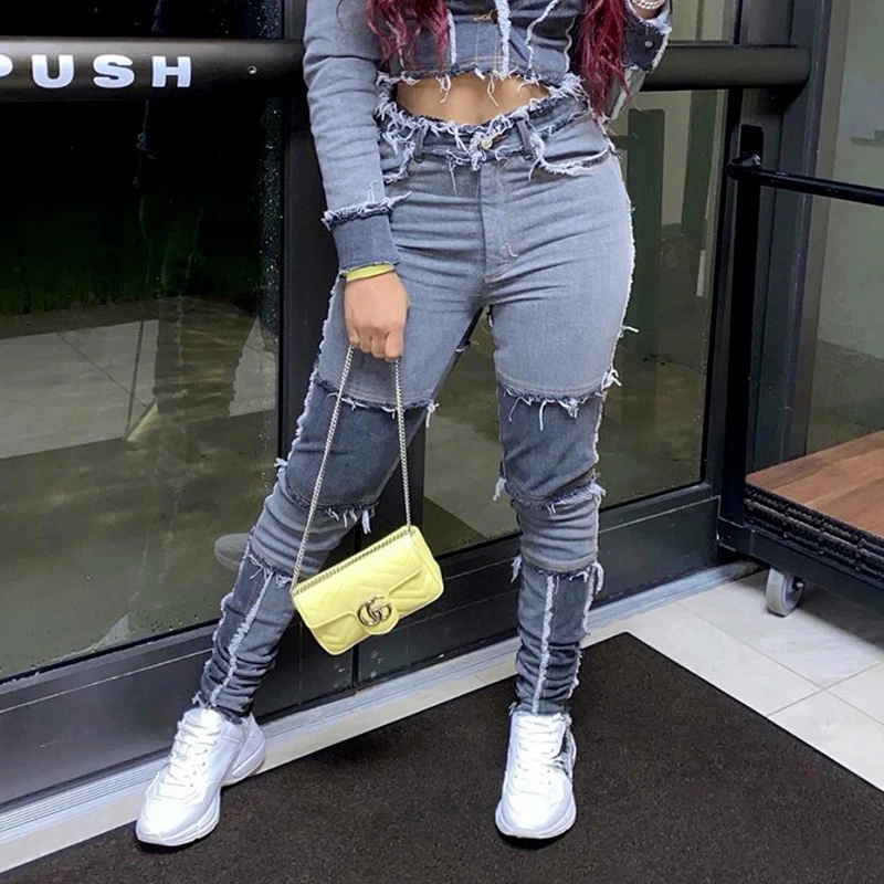 

DenimColab Fashion Patchwork High Waist Jeans Pants Women Splicing Elastic Pencil Pants Ladies Casual Contrast Stretch Jeans