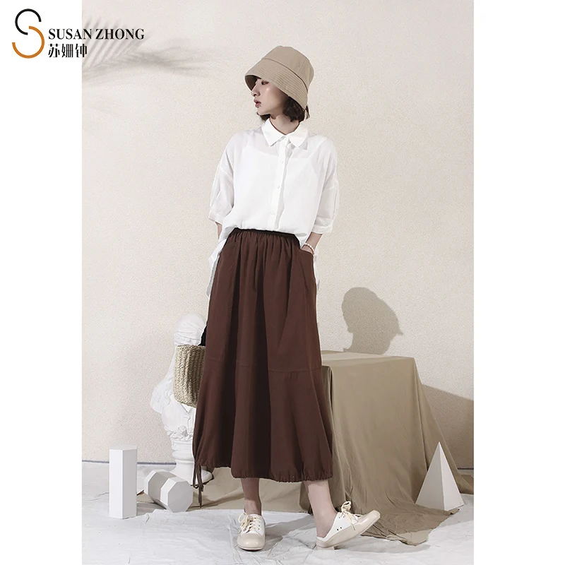 

Women Skirt Female Designer Minimalist Fall Spring Ball Gown Vintage Plaid Check Cotton Elastic Waist Side Draped Pockets Calf