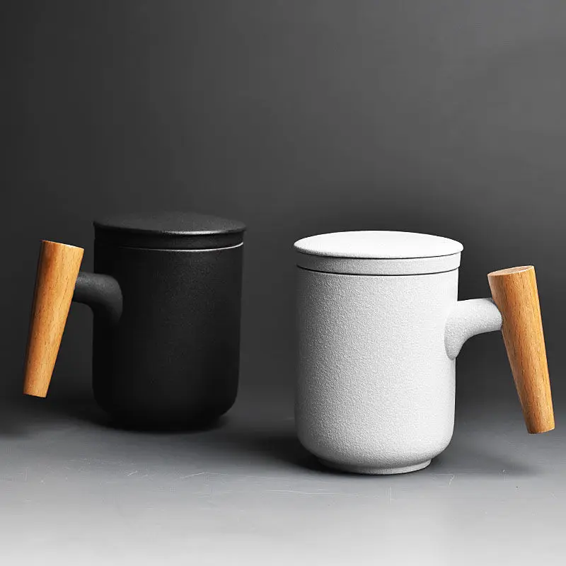 Кружка с деревянной ручкой керамическая чайная чашка крышкой и фильтром Офисная