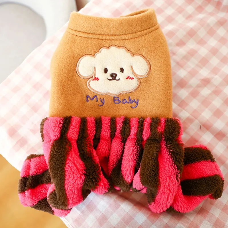 

New Winter Pet Warm Jumpsuit Velvet Retro Bloomers Chihuahua Pug Striped Thick Four-Legged Fleece Puppies Jacket Hot Sale