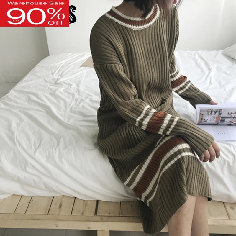 Зима 2020 полосатый вязаный женский джемпер с длинным рукавом платье корейский