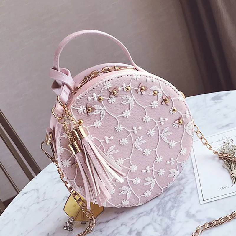 Милые кружевные круглые сумки высокое качество искусственная кожа женские через