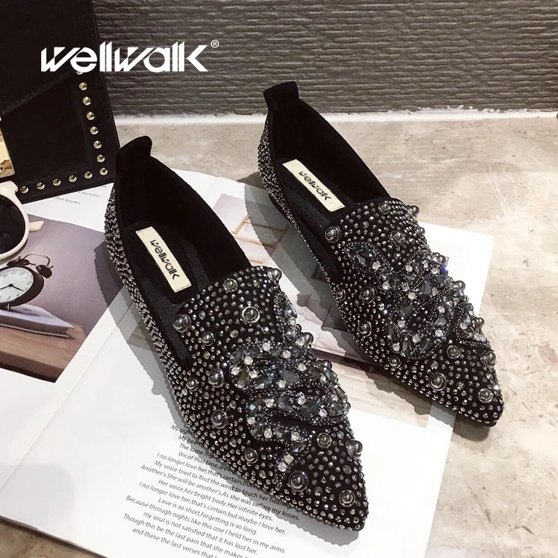 Женская обувь Лоферы на плоской подошве Балетки с острым носком Стразы Жемчуг