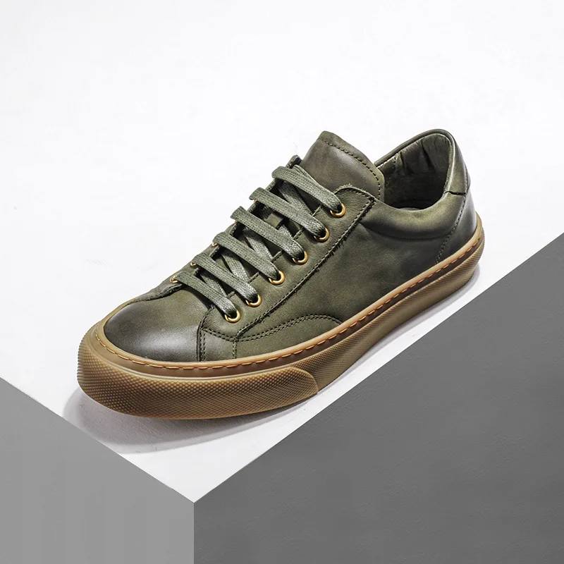 

Korea Style Vintage Genuine Leather Men Sneakers Lace Up Green Platform Handmade Sewing Fashion Casual Men Footwear